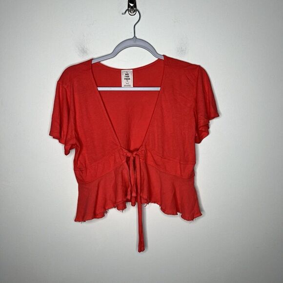 We The Free Top Womens XS Red Boho Ruffle Front Tie Cotton Crop - Picture 8 of 13